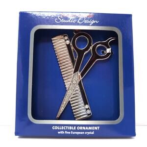 Scissors Comb Ornament 3 in Barber Hairdresser Metal Crystals Regent Square NEW